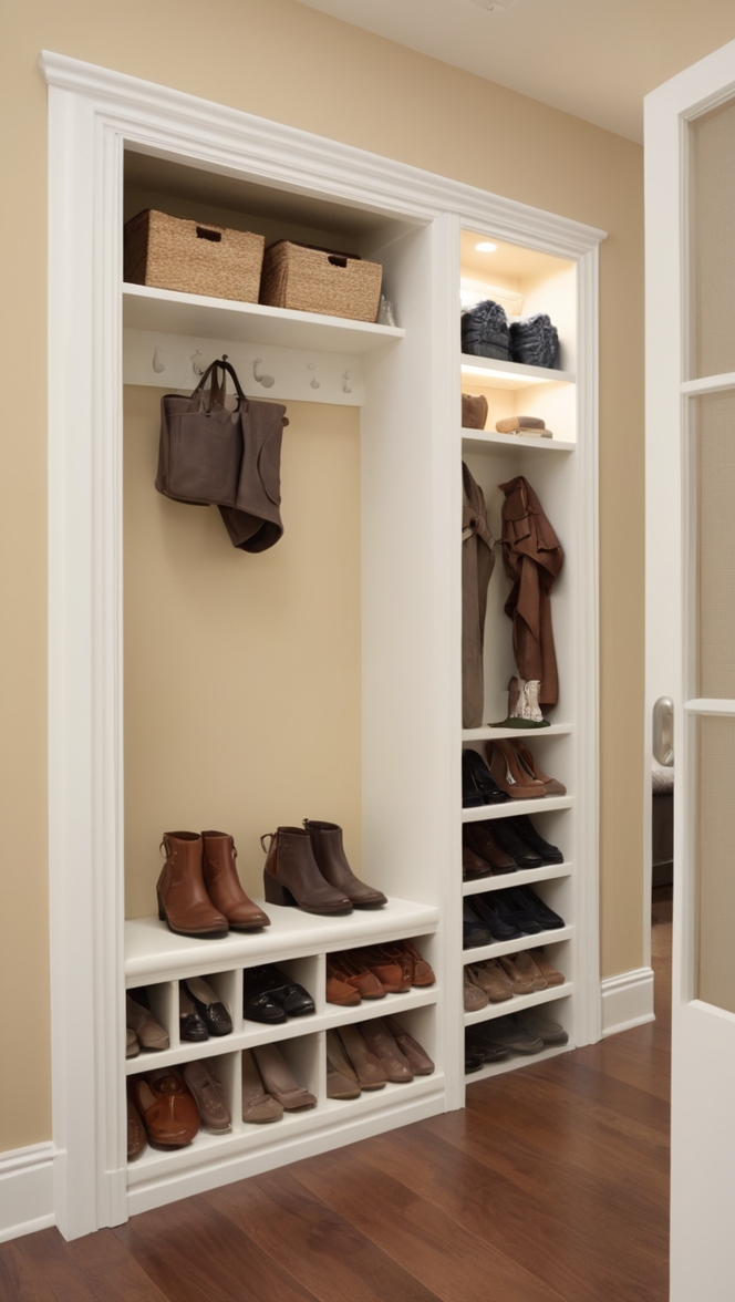 entrance shoe rack, hall shoe cabinet, foyer shoe organizer, hallway shoe bench, doorway shoe shelves