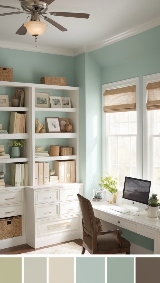 home office decor, cozy home office design, color palette for home office, stylish home office decor, home office interior design