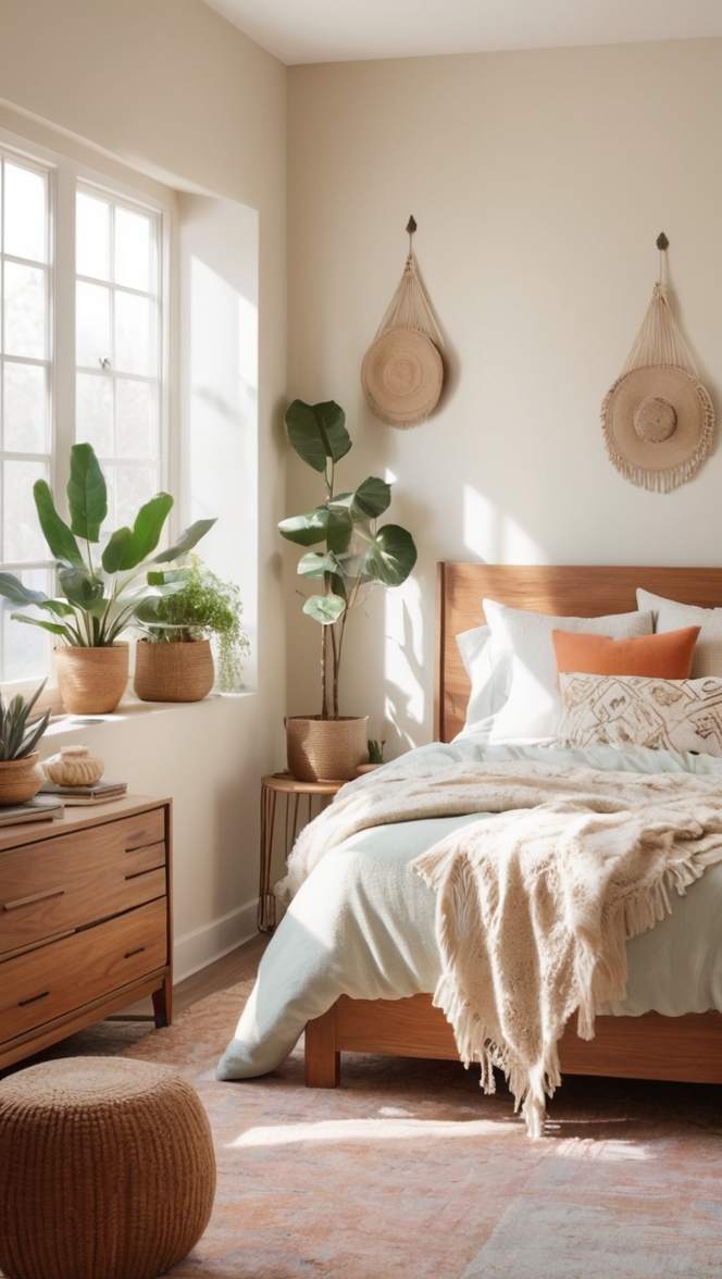 minimalist bedroom decor, boho chic bedding, contemporary bedroom furniture, rustic home accessories, modern bohemian decor