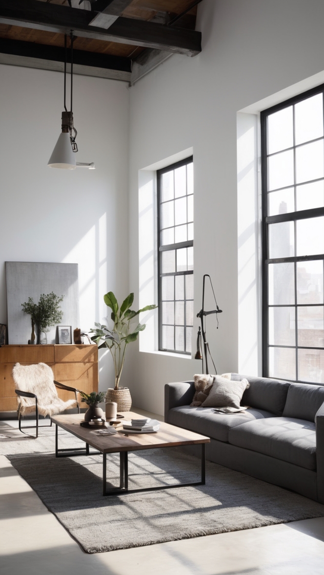 minimalist home decor, industrial furniture, modern loft design, urban living space, sleek interior design