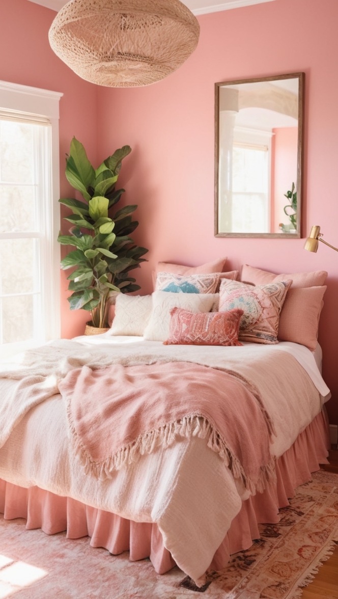 pink boho decor, boho bedroom ideas, pink boho bedding, bohemian bedroom, pink boho curtains