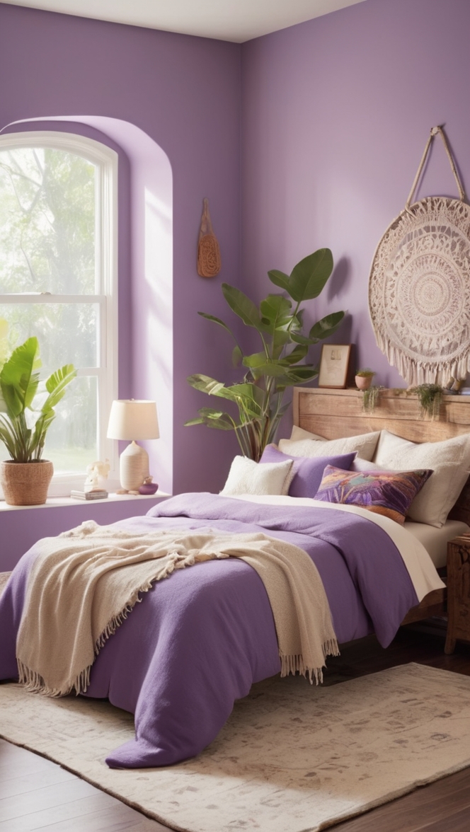 boho decor, bohemian bedroom, purple bedding, dreamcatcher tapestry, boho chic rugs
