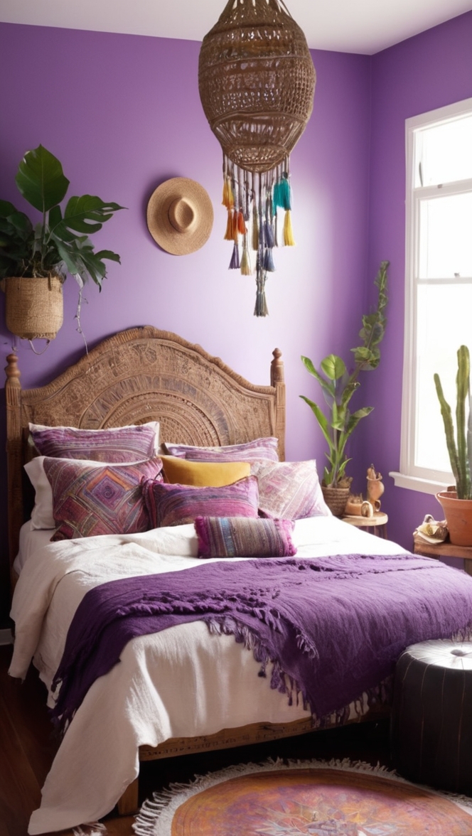 boho decor, bohemian bedroom, purple bedding, dreamcatcher tapestry, boho chic rugs