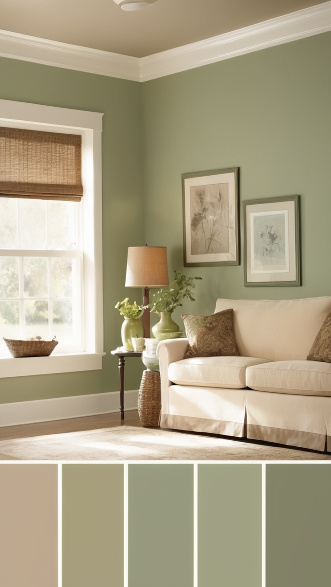 sage green sofa,
tan living room decor,
green and tan curtains,
sage green walls,
tan furniture arrangements