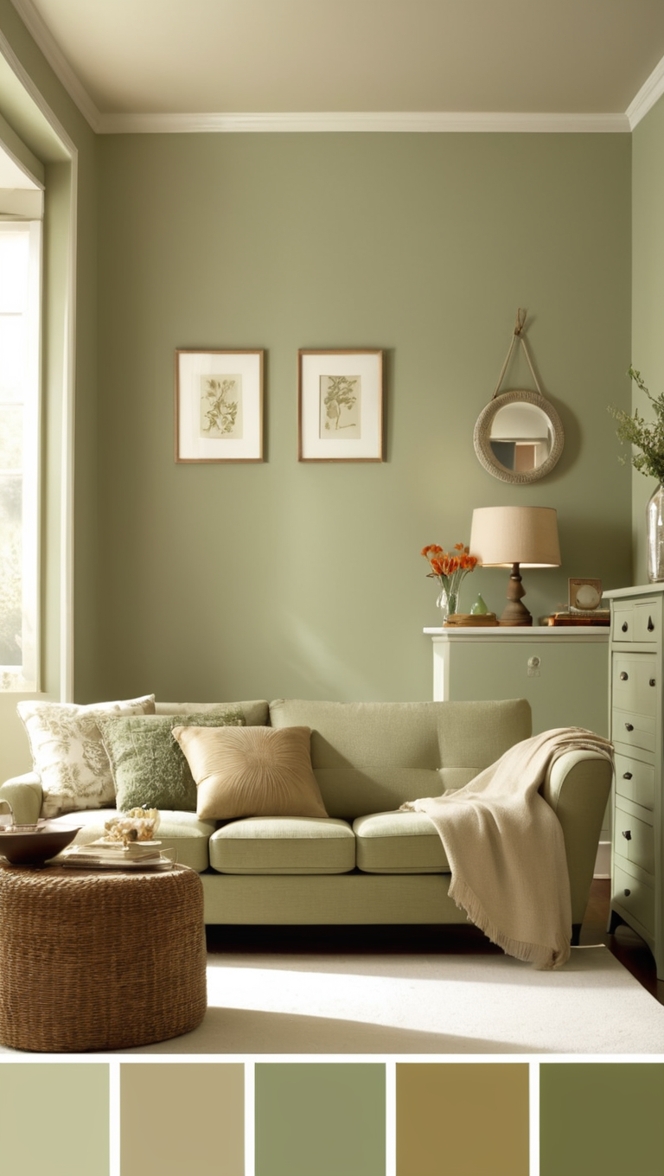 sage green sofa, tan living room decor, green and tan curtains, sage green walls, tan furniture arrangements