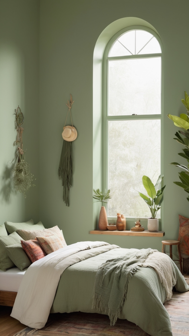 boho chic decor, bohemian bedroom ideas, sage green home decor, boho style bedding, modern boho interior