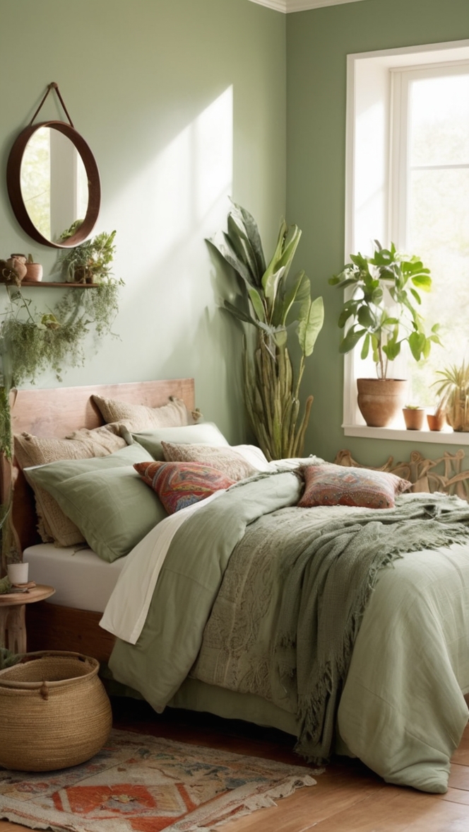 boho chic decor, bohemian bedroom ideas, sage green home decor, boho style bedding, modern boho interior