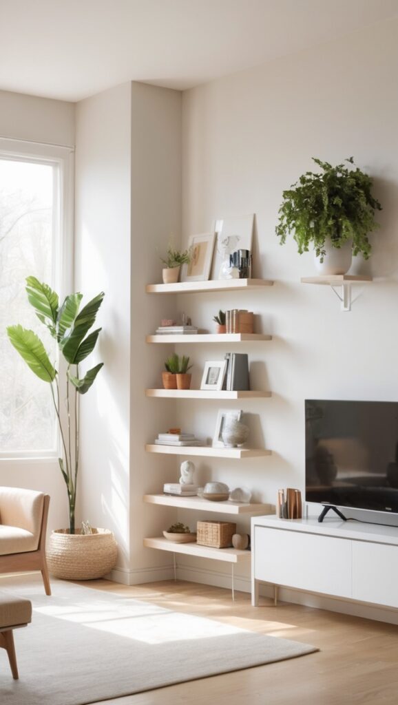 Image showcasing How can I enhance my living room with minimalist shelf decor ...