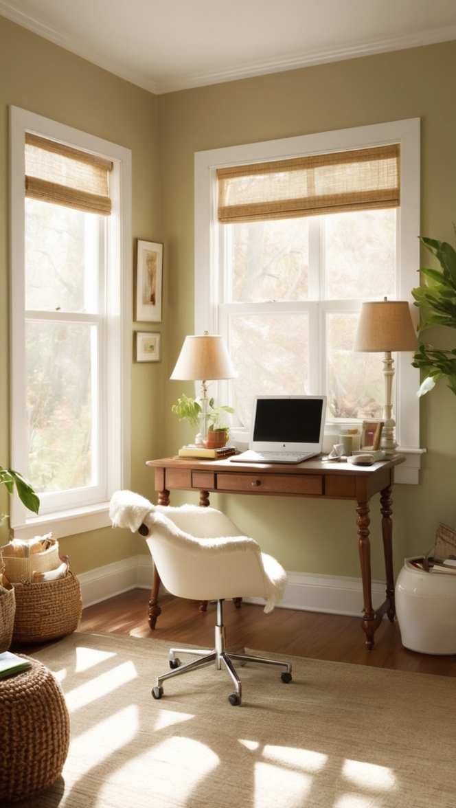 small home office decor, cozy home work space, modern office design, minimalist workspace, stylish office setup