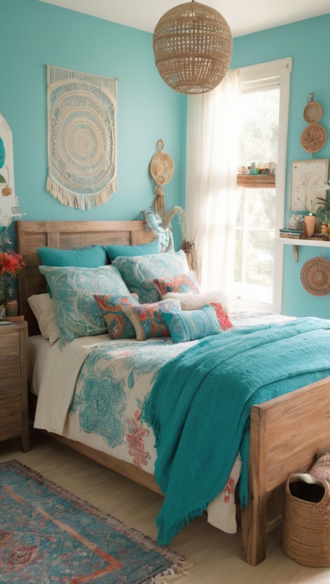 teal, boho decor, boho furniture, boho bedding, teal accessories