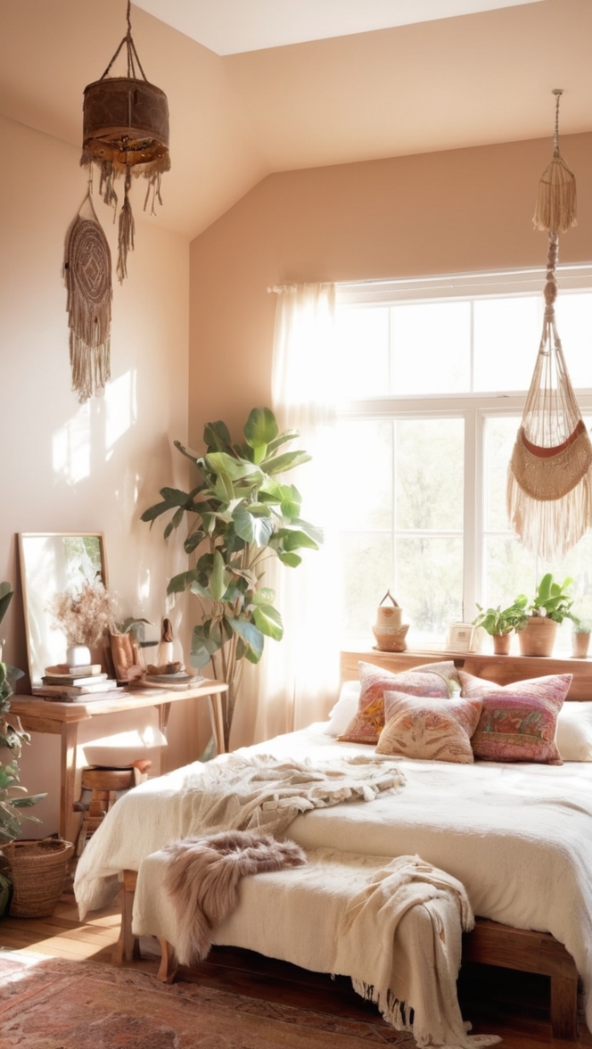 bohemian decor, cozy bedroom furniture, rustic bedding, eclectic home design, natural fibers