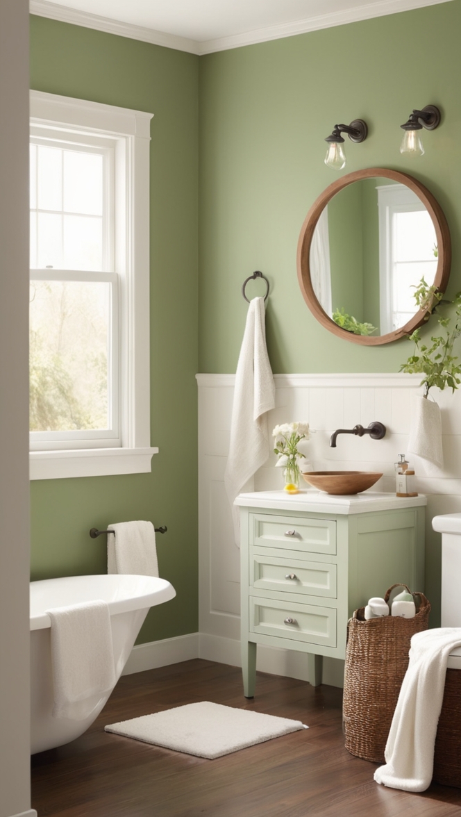 bathroom vanity green, eco-friendly bathroom decor, wooden bathroom fixtures, natural wood bathroom, sustainable bathroom design