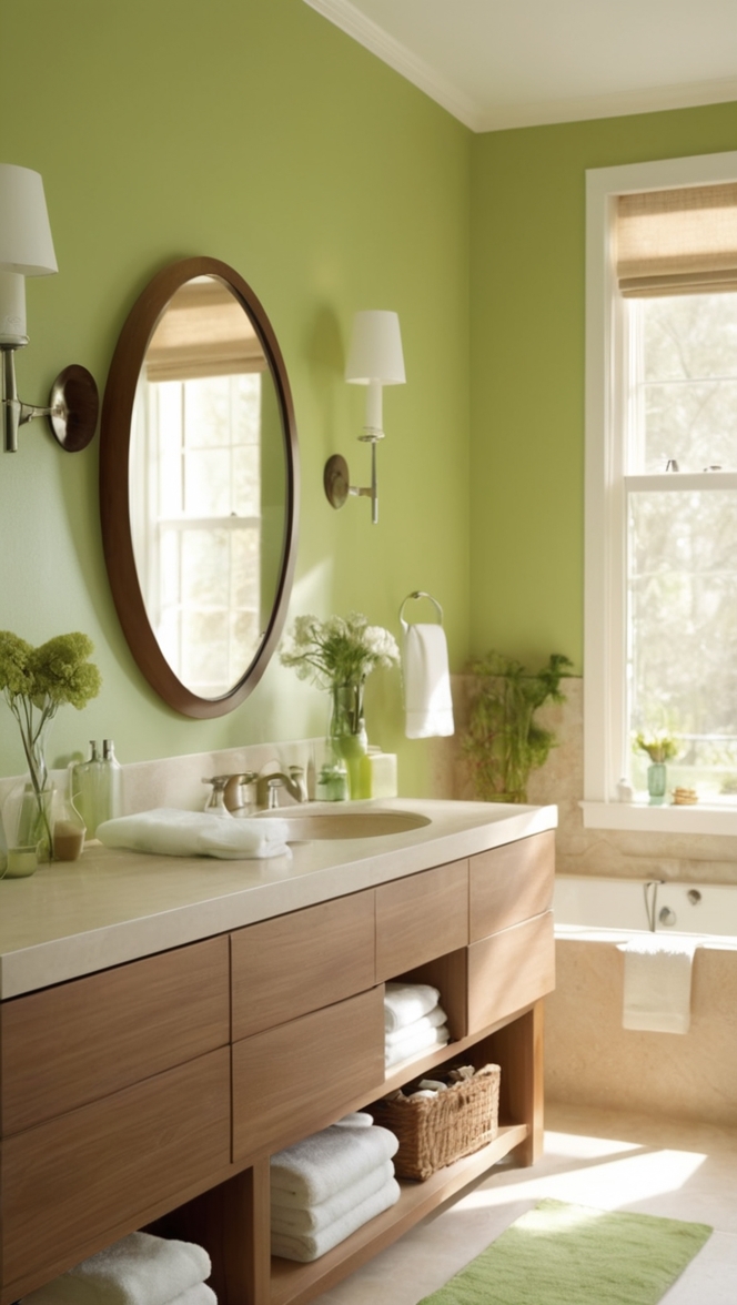 bathroom vanity green, eco-friendly bathroom decor, wooden bathroom fixtures, natural wood bathroom, sustainable bathroom design