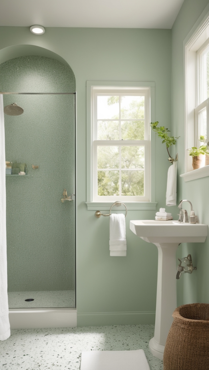 green terrazzo flooring, terrazzo bathroom countertops, terrazzo tile shower, eco-friendly terrazzo, luxury terrazzo design