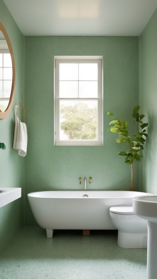 green terrazzo flooring, terrazzo bathroom countertops, terrazzo tile shower, eco-friendly terrazzo, luxury terrazzo design