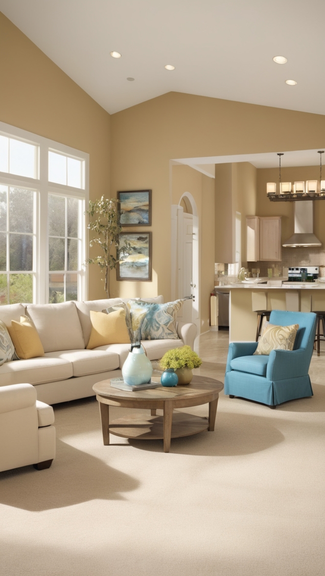 open concept kitchen, open floor plan design, modern living room, spacious room layout, contemporary home design