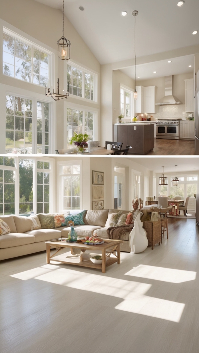 open concept kitchen, open floor plan design, modern living room, spacious room layout, contemporary home design