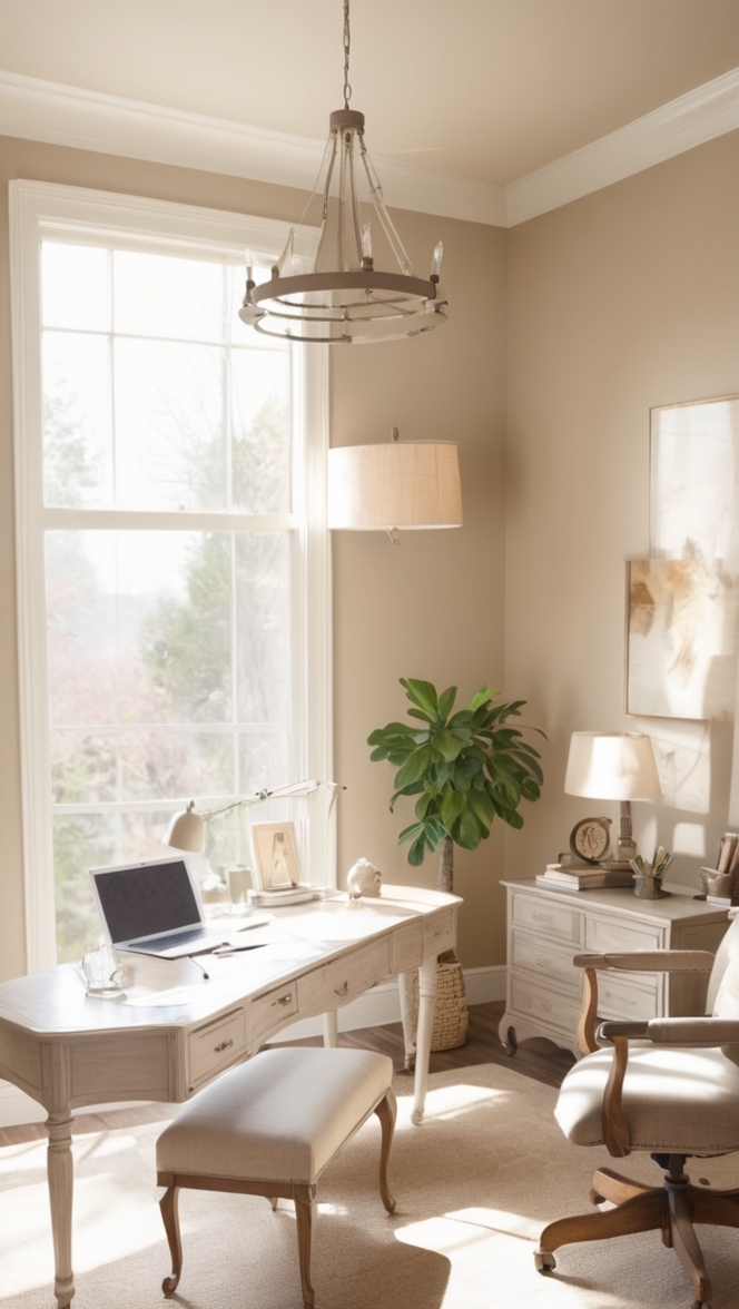 beige desk, elegant office decor, neutral color scheme, minimalist workspace, contemporary home office