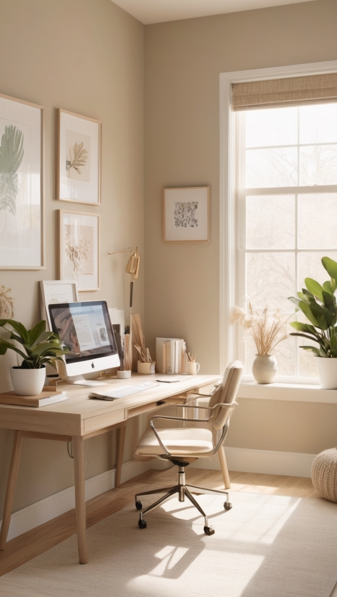 beige desk, elegant office decor, neutral color scheme, minimalist workspace, contemporary home office