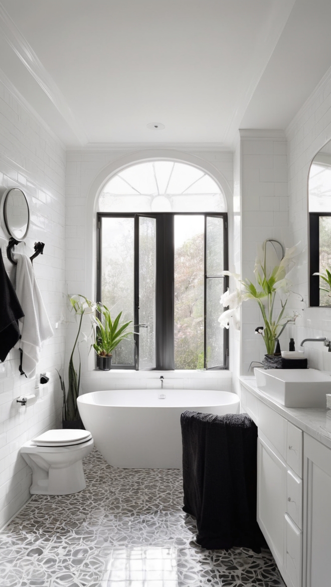 black and white bathroom decor, modern black and white bathroom, black and white bathroom design ideas, classic black and white bathroom, elegant black and white bathroom aesthetics