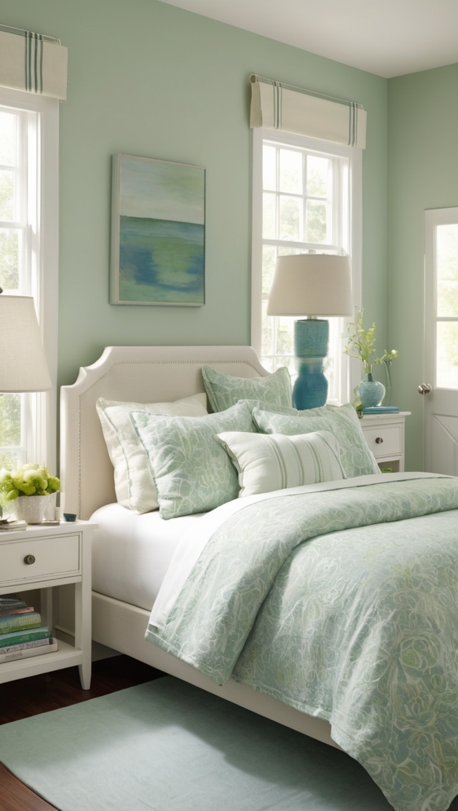 blue and green bedding, blue and green decor, blue and green walls, blue and green paint, blue and green furniture