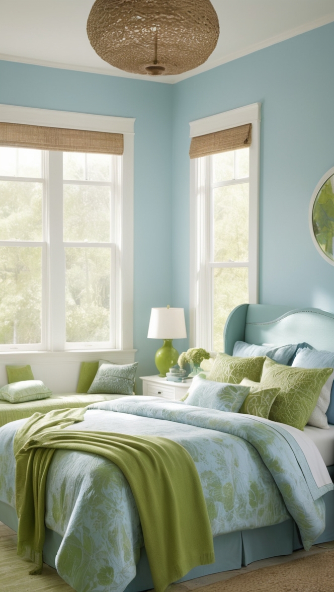 blue and green bedding, blue and green decor, blue and green walls, blue and green paint, blue and green furniture