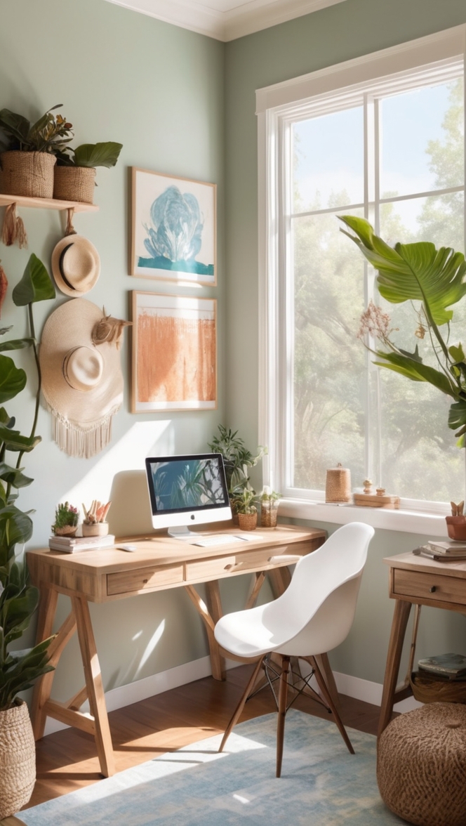 bohemian home office decor, cozy work space, eclectic office design, modern boho office, chic home office ideas