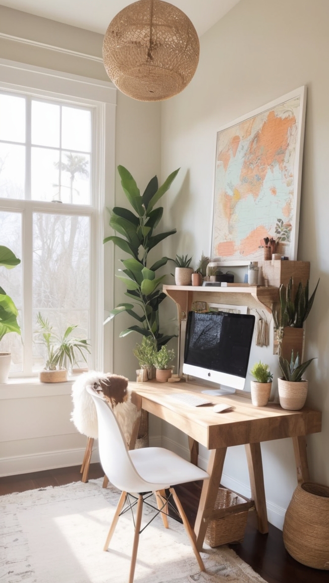 bohemian home office decor, cozy work space, eclectic office design, modern boho office, chic home office ideas