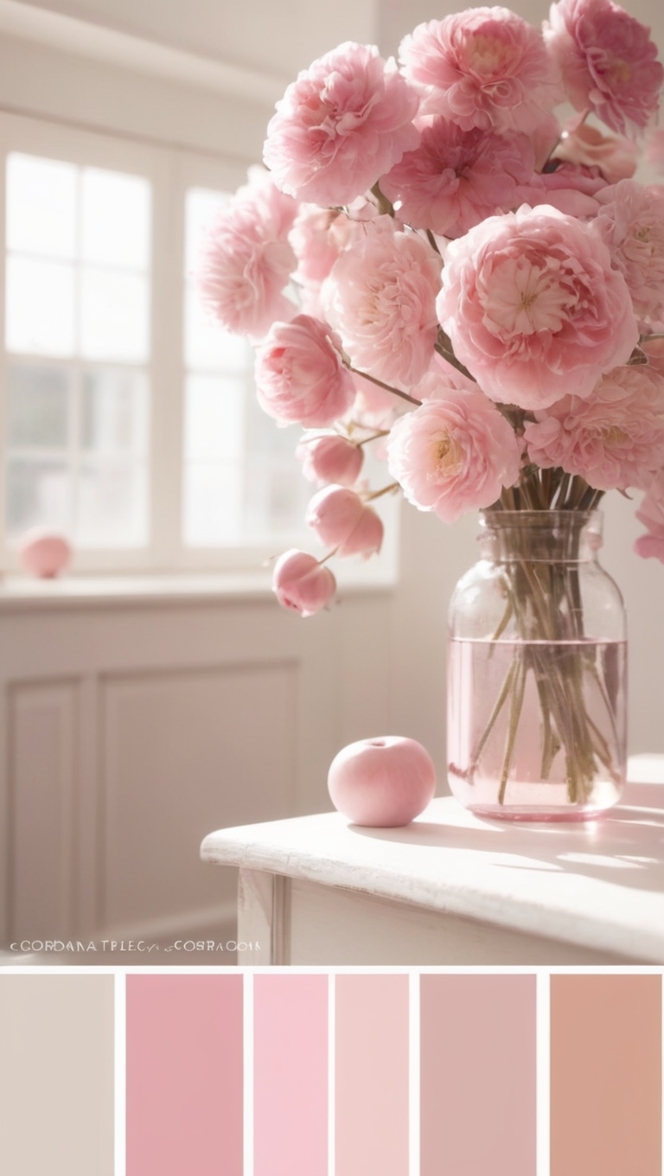 pink color scheme, pastel pink palette, blush pink colors, rosy pink hues, dusty pink paint
