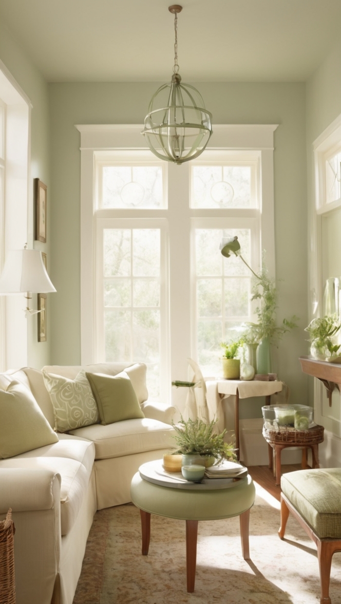 green living room decor, cream sofa, trendy sage green, chic living room ideas, modern green furniture