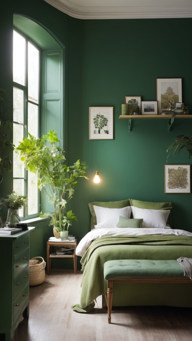 dark green decor, dark green paint, forest green bedroom, emerald green room, deep green walls