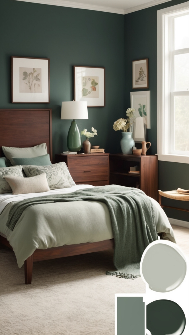 dark green bedroom decor, moody bedroom ideas, elegant bedroom design, luxurious bedroom furniture, contemporary bedroom style