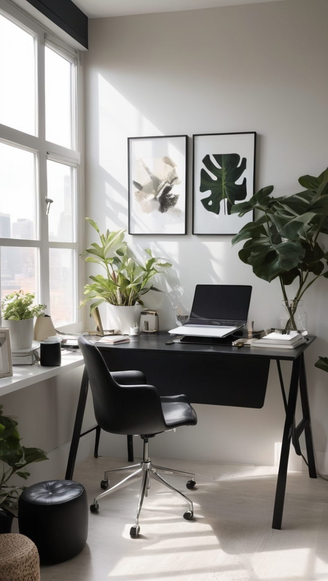 dark home office decor, modern workspace design, minimalist office interiors, moody home office ideas, sophisticated workspace style