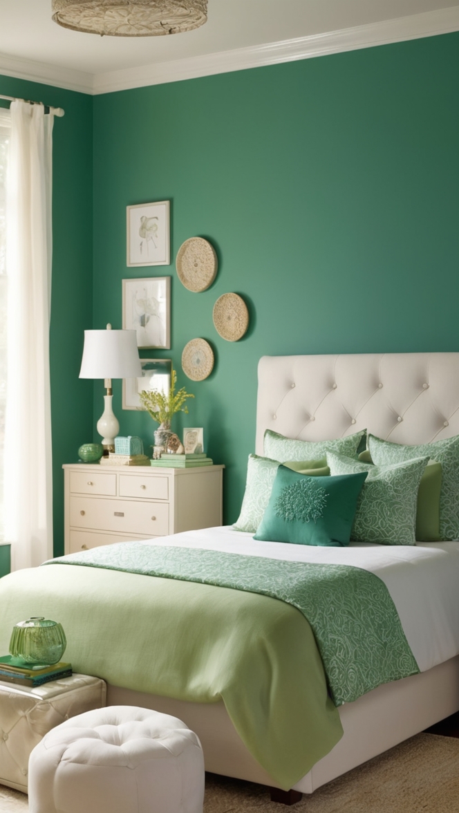 green velvet curtains, emerald green decor, dark green bedroom, emerald green paint, green bedroom design