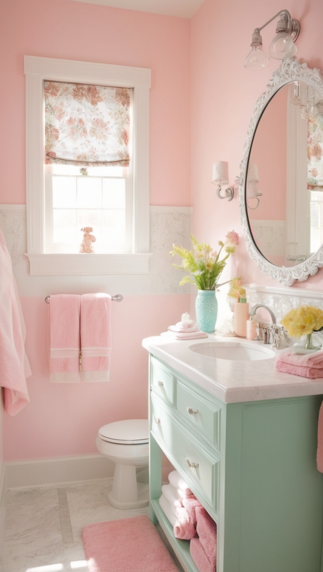bathroom decor ideas, pastel pink bathroom, feminine bathroom design, chic vanity decor, luxury bathroom accessories