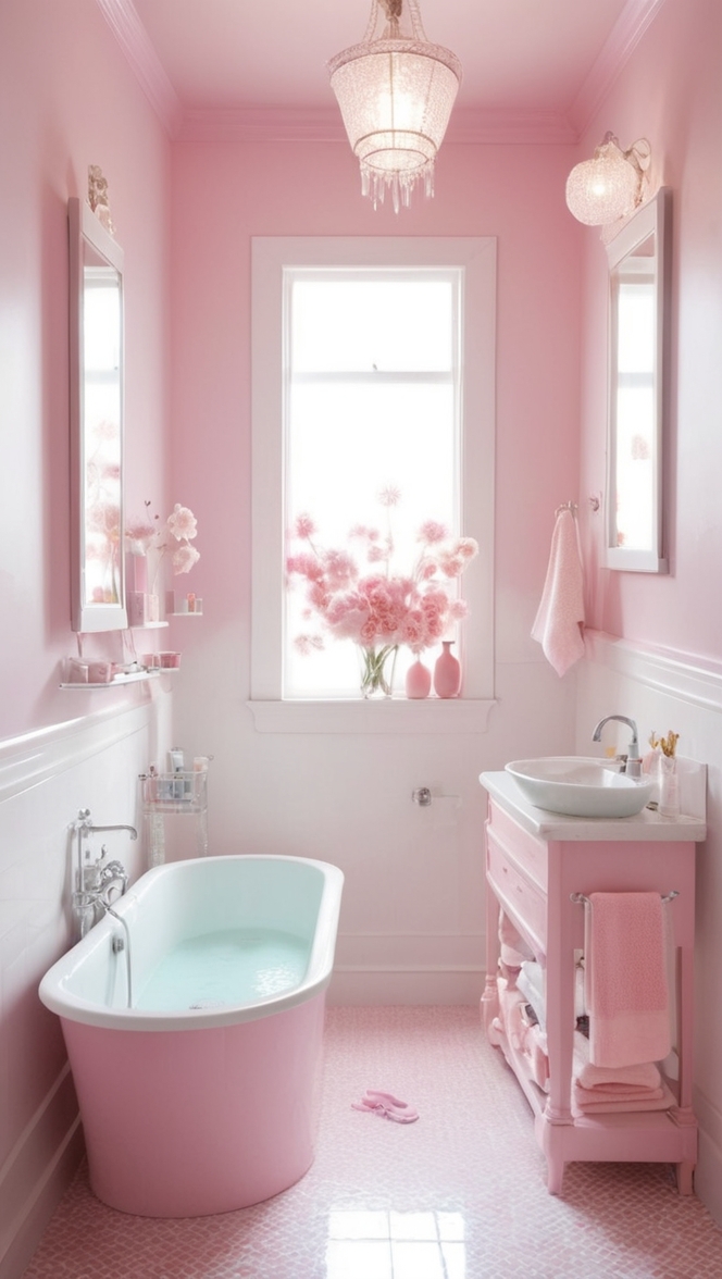 bathroom decor ideas, pastel pink bathroom, feminine bathroom design, chic vanity decor, luxury bathroom accessories