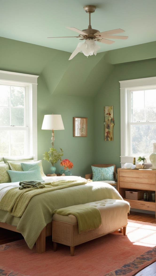 green accent wall paint, green bedroom decor, wall painting ideas, bedroom interior design, room decoration ideas