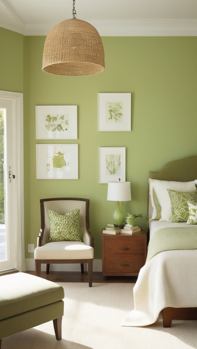 green accent wall paint, green bedroom decor, wall painting ideas, bedroom interior design, room decoration ideas