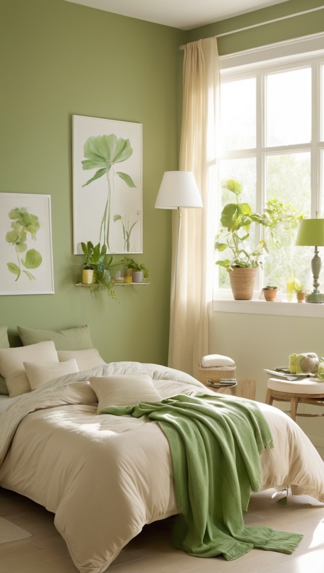 green bedroom decor, beige bedroom furniture, stylish bedroom design, modern bedroom inspiration, elegant bedroom makeover