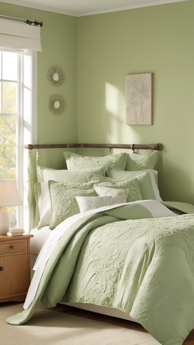 green comforter set, luxury bedding, cozy bedroom decor, plush throw pillows, soft bed linens
