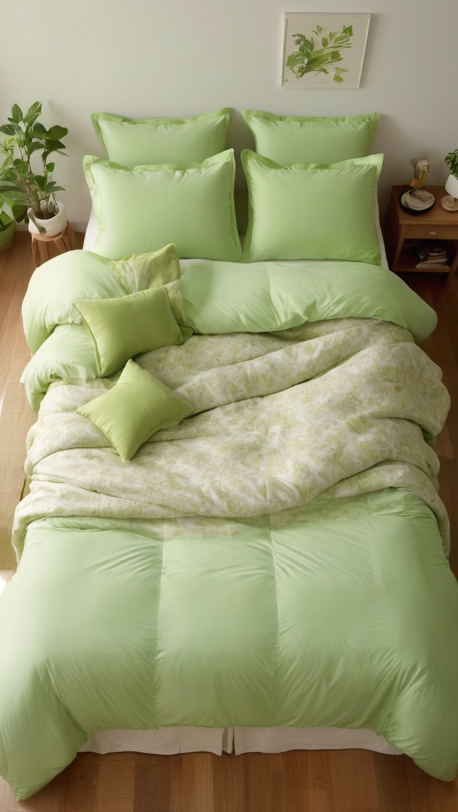 green comforter set, luxury bedding, cozy bedroom decor, plush throw pillows, soft bed linens