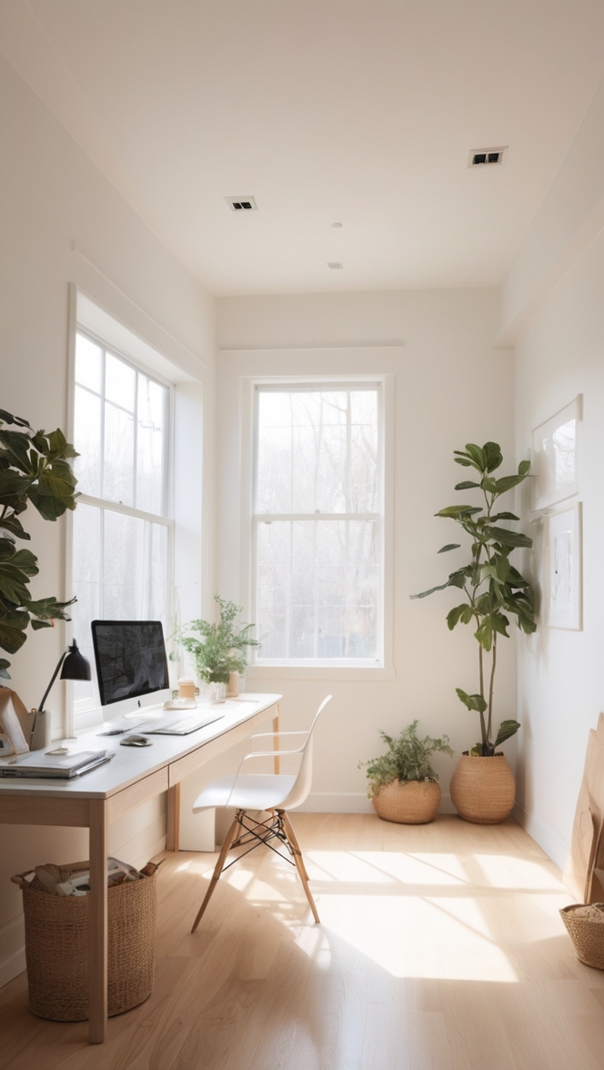 minimalist home office design, modern workspace decor, contemporary office interior, sleek office furniture, stylish home office setup