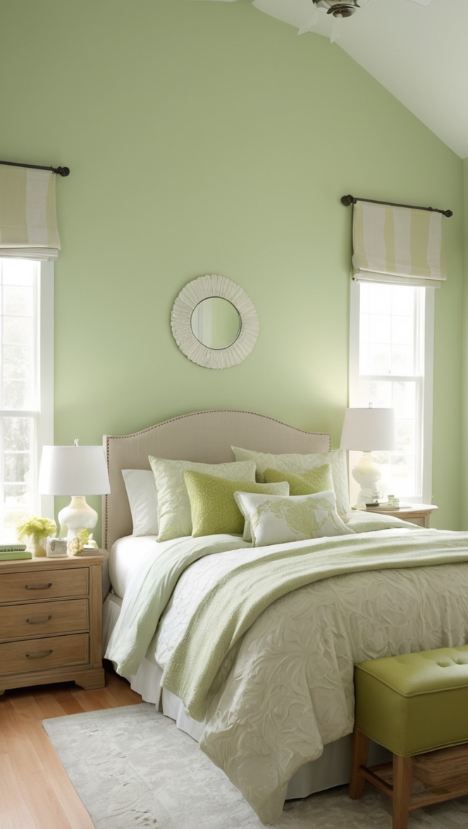 light green paint, pastel green decor, mint green bedroom, sage green interiors, lime green walls