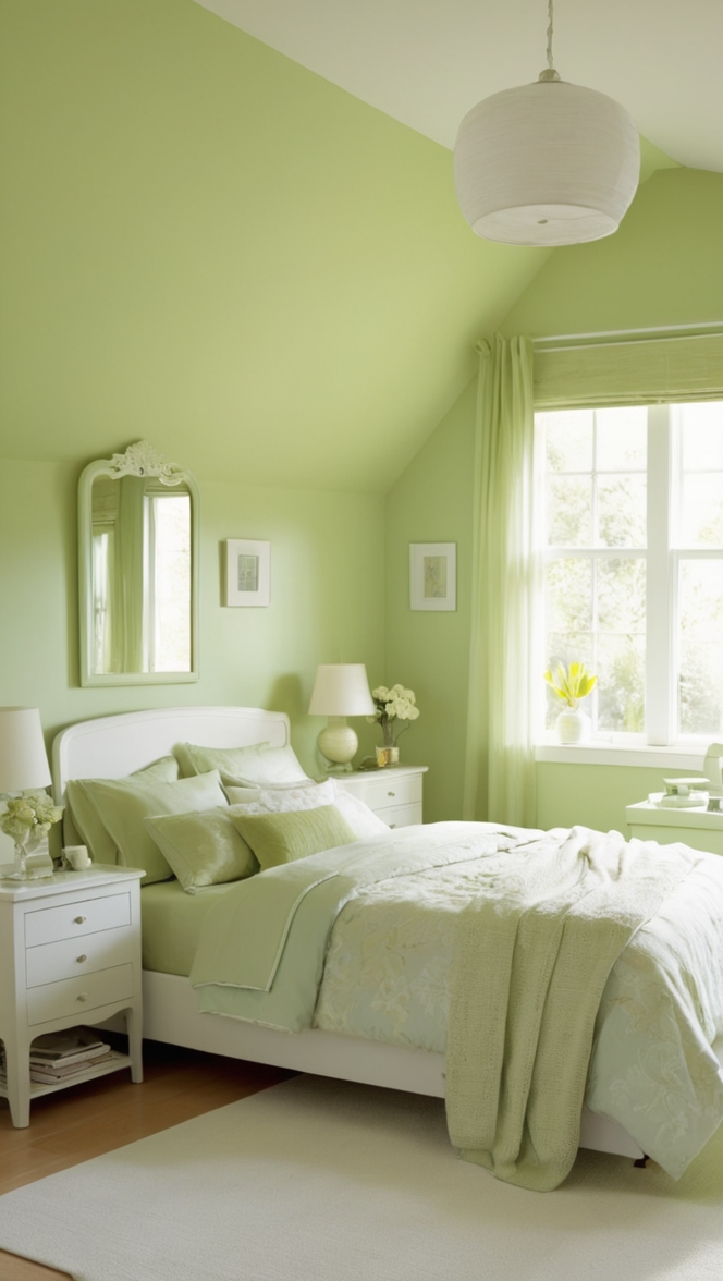 light green paint, pastel green decor, mint green bedroom, sage green interiors, lime green walls