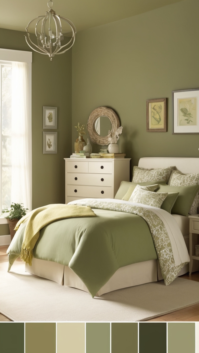olive green paint, olive green bedding, olive green curtains, olive green decor, olive green wallpaper
