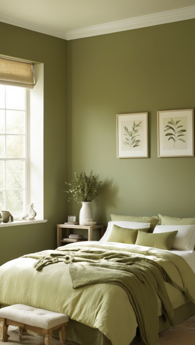 olive green paint, olive green bedding, olive green curtains, olive green decor, olive green wallpaper