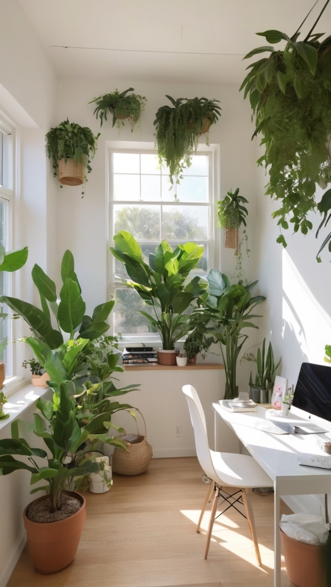 plant decor, home office plants, aesthetic desk plants, indoor plant office decor, stylish work space plants