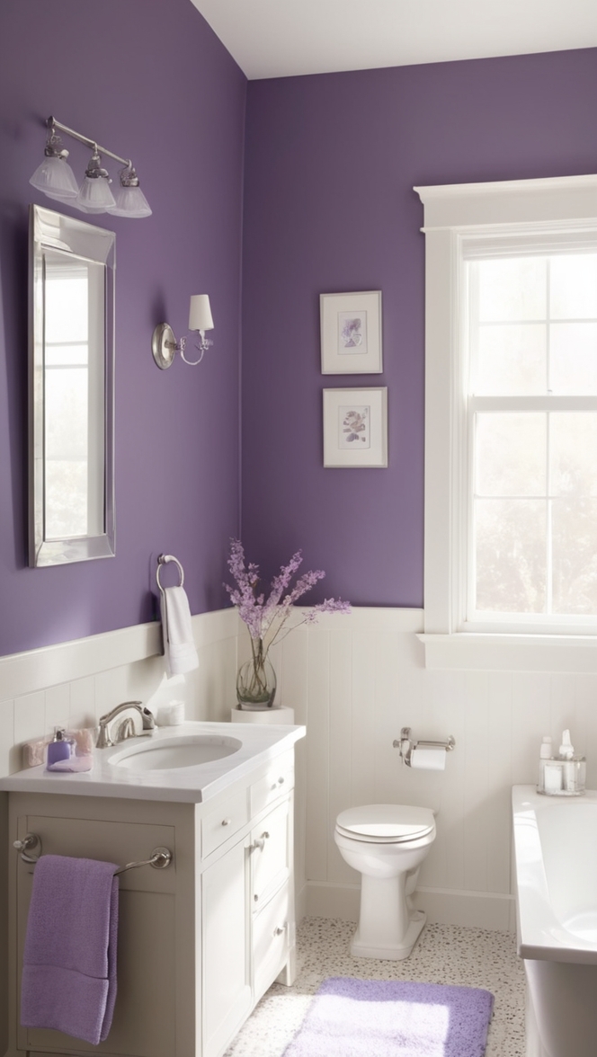 purple bathroom decor, purple bathroom accessories, lavender bathroom ideas, eggplant bathroom design, plum bathroom renovation