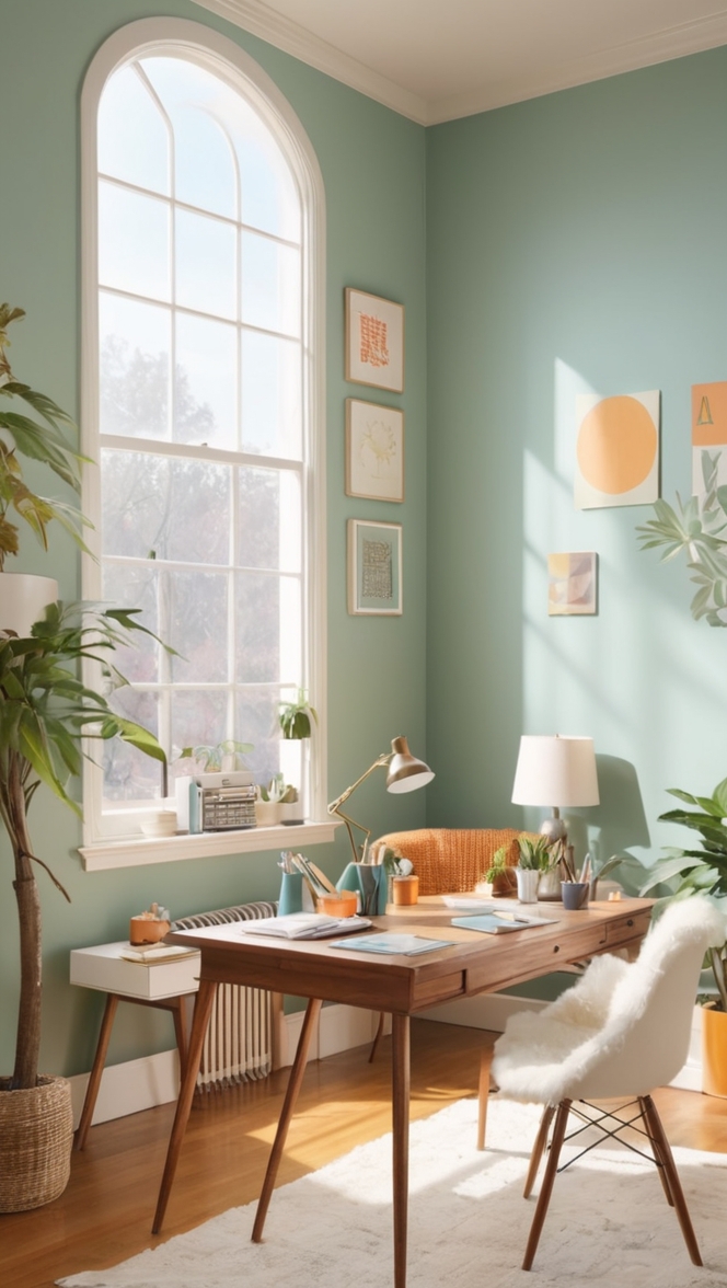 retro home office decor, vintage home office furniture, mid-century modern office design, industrial home office ideas, bohemian home office style