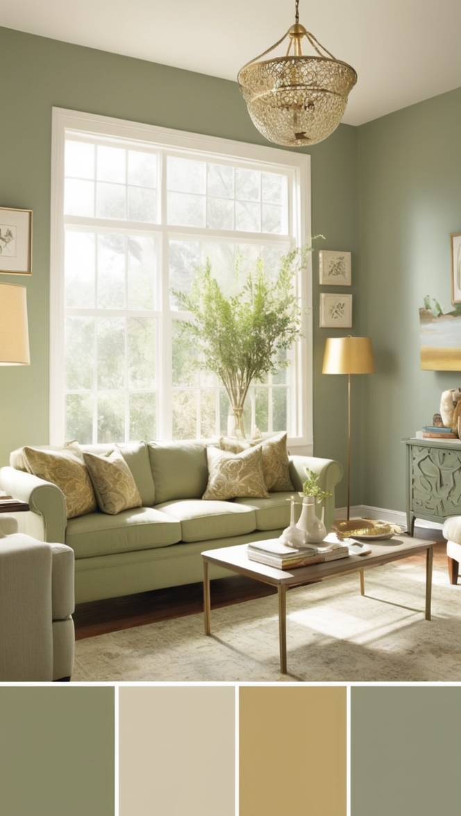 sage green sofa, gold living room decor, designer sage green, luxury green and gold, elegant home accents